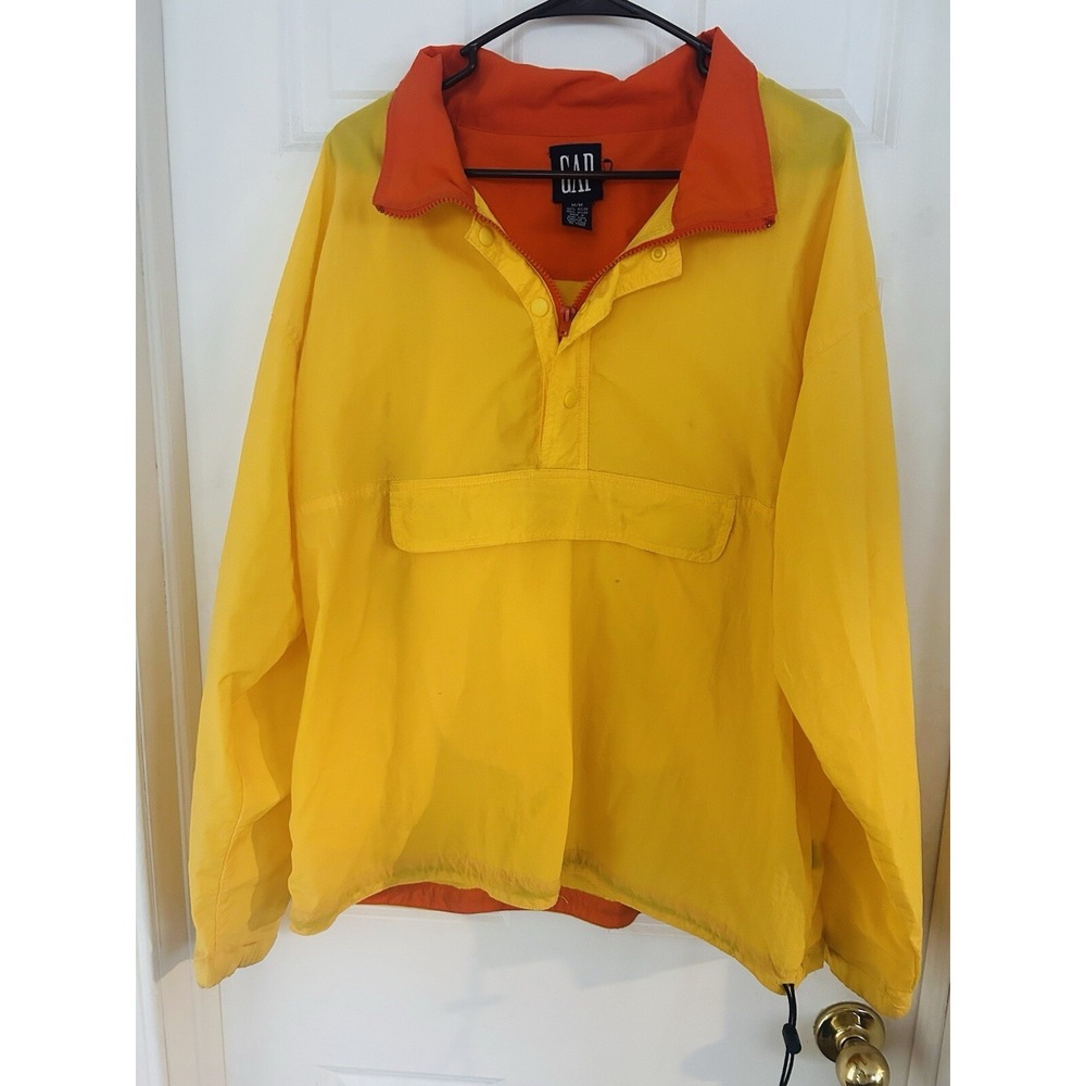 Y2K GAP Nylon Jacket Mens Medium Yellow/Orange W/Kangaroo Pocket Pullover Nylon